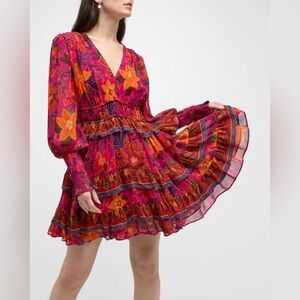 Farm Rio Tropical Tapestry Tiered Puff-Sleeve Mini Dress Size S